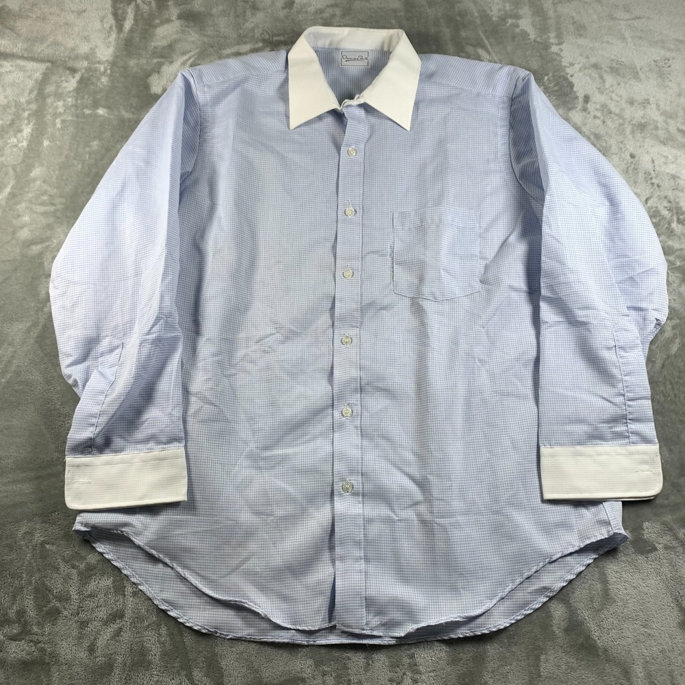 Vintage Oscar de la Renta Mens Dress Shirt‎ 17 Blue Check White Collar Business